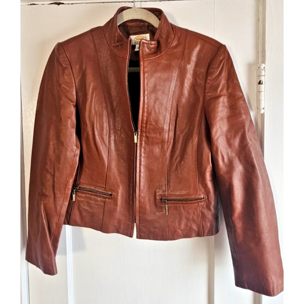Vintage TALBOTS PETITES leather zip mock collar full zip jacket woman's 4P brown